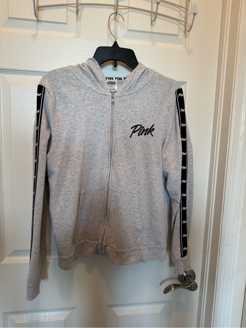 Victoria's Secret PINK Gray Zip Hoodie with Black Logo Tape